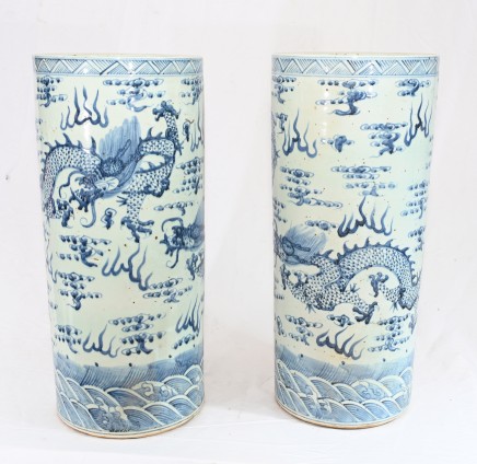 Pair Blue and White Porcelain Urns Chinese Dragon Umbrella Stands