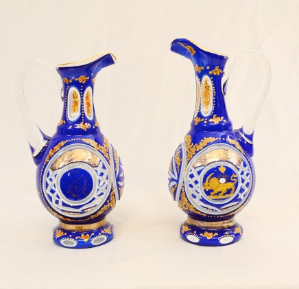 Pair Bohemian Glass Urns Jugs Circa 1930