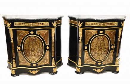 Pair Boulle Cabinets French Marquetry Inlay Credenza