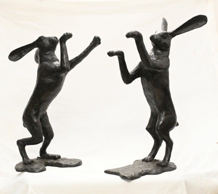 Pair Bronze Boxing Hares Statues Garden Rabbit Casting