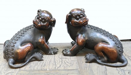 Pair Bronze Chinese Foo Dogs Guardian Lions Antique