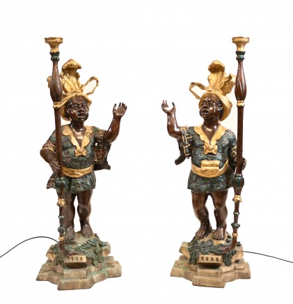 Pair Bronze Dwarf Blackamoors Torcheres Polychrome