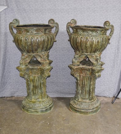 Pair Bronze Garden Urns - French Architectural Empire Vases