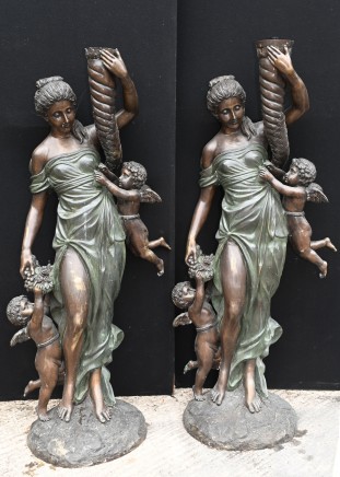 Pair Bronze Italian Maidens Demeter  Cherub Statue 5ft Classical Garden