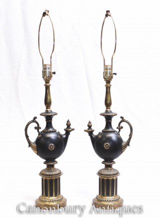 Pair Bronze Jug Lamps - Arabic Tea Urn Table Lights