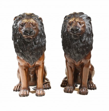 Pair Bronze Lion Gatekeeper Statues - Large Cat Castings