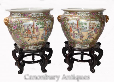Pair Cantonese Porcelain Planters on Stands - Chinese Urn China