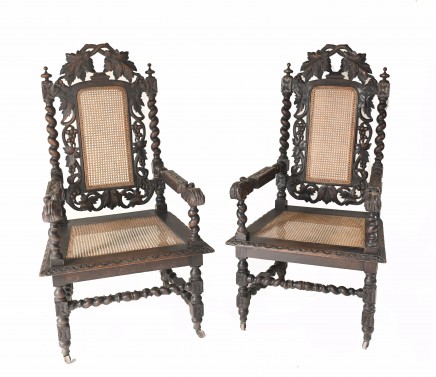 Pair Carved Oak Arm Chairs Farmhouse Gothic Barley Twist 1880