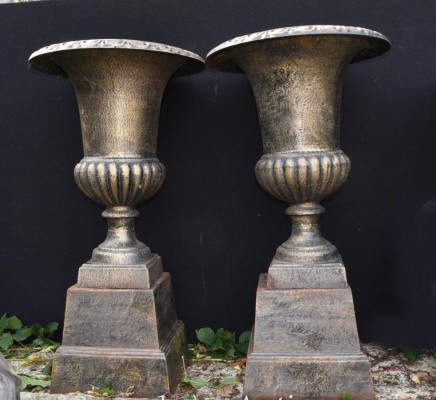 Pair Cast Iron Garden Urns - Floral Planters Campana Form Vase