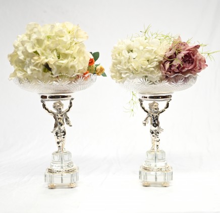 Pair Cherub Comports French Silver Plate Glass Dishes