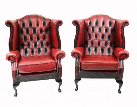 Pair Chesterfield Wingback Chairs Leather Armchair