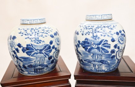 Pair Chinese Blue and White Porcelain Urns Nanking Temple