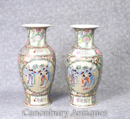 Pair Chinese Canton Porcelain Vases Urns Cantonese