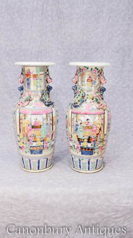 Pair Chinese Cantonese Porcelain Urns Vases Canton Ceramic