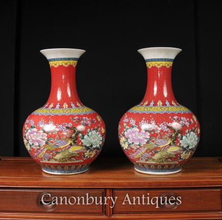 Pair Chinese Famile Rose Qing Vases Porcelain Urns