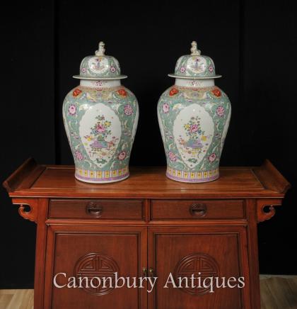 Pair Chinese Famille Vert Porcelain Ginger Jars Temple Urns Vases