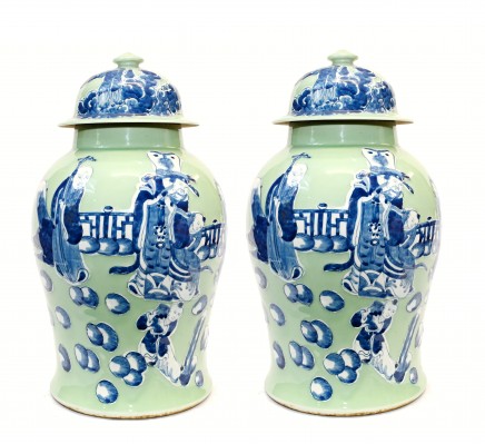 Pair Chinese Ginger Jars Celadon Porcelain Temple Urns