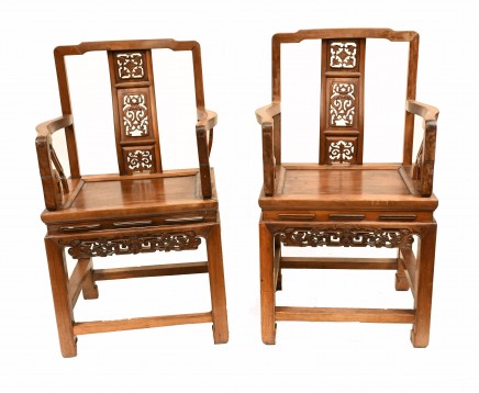 Pair Chinese Hardwood Arm Chairs Carved Antique 1920