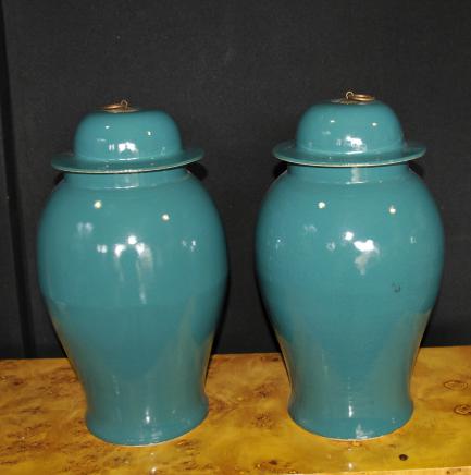 Pair Chinese Kangxi Porcelain Temple Jars Lidded Ginger Urns Vases