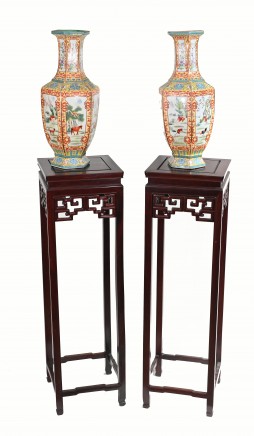 Pair Chinese Pedestal Stands Hardwood Tables
