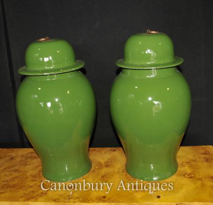 Pair Chinese Porcelain Lidded Urns Temple Jars Kangxi Ceramic