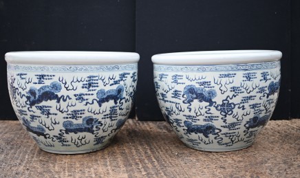 Pair Chinese Porcelain Planter Pots Blue and White China Nanking Urns
