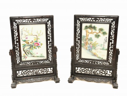 Pair Chinese Porcelain Plaques Hardwood Frame Famille Vert