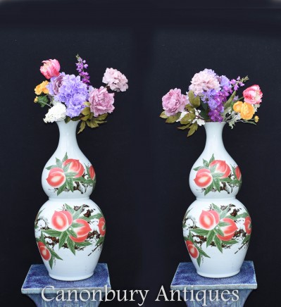 Pair Chinese Porcelain Vases - Double Gourd Wucai Urns