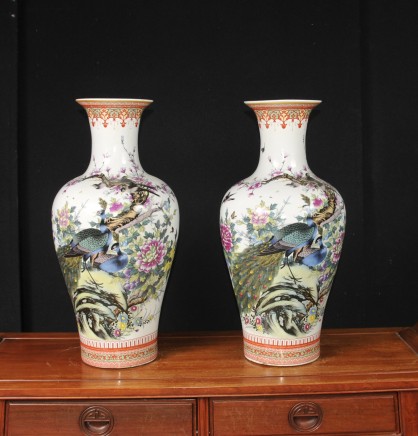 Pair Chinese Porcelain Vases - Doucai Urns Pheasant Paintings