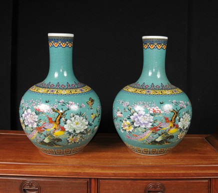 Pair Chinese Porcelain Vases - Qianlong Bulbous Urns Bird of Paradise Shangping
