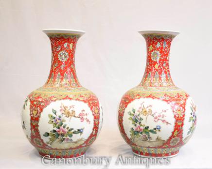Pair Chinese Porcelain Vases Urns - Imperial Red Shangping