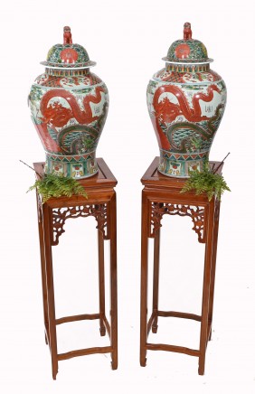 Pair Chinese Porcelain Ginger Jars Dragon Urns Qianlong
