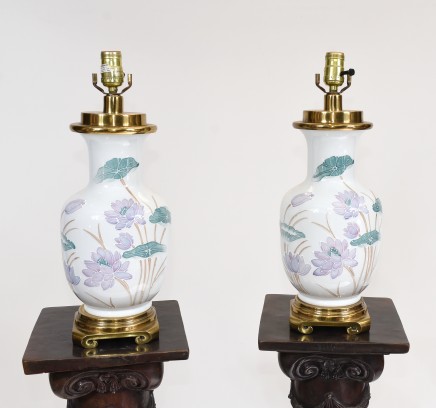 Pair Chinese Table Lamps Porcelain Pottery Lights