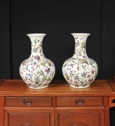 Pair Chinese Vases  - Jiaqing Porcelain Bulbous Urns Stork