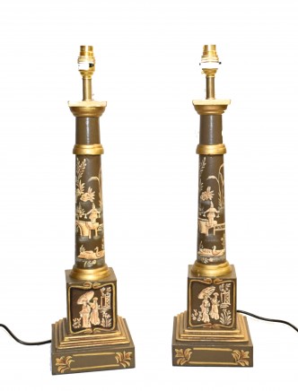 Pair Chinoiserie Lights Column Lamps Lacquer