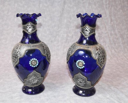 Pair Cobalt Loetz Glass Austrian Vases Urns with Silver Plate Mounts
