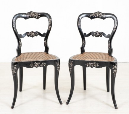 Pair Ebonised Chairs Mother of Pearl Inlay Lacquer 1860