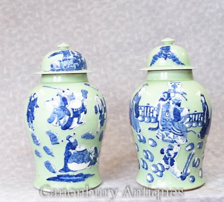 Pair Edo Japanese Porcelain Ginger Jars Urns Asian Vases