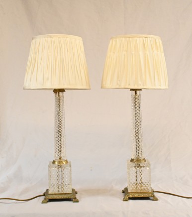 Pair Empire Glass Table Lamps Cut Glass Column Lights