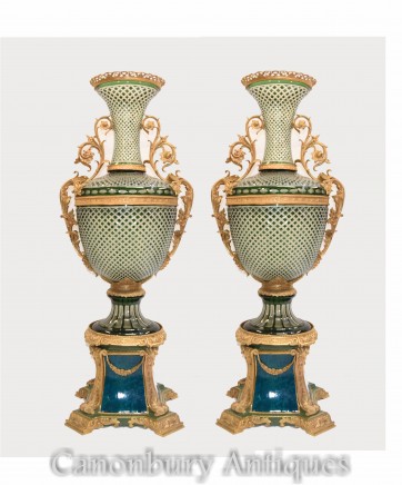 Pair Empire Glass Vases - Monumental Gilt Pedestal Urns