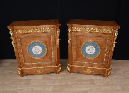 Pair Empire Satinwood Cabinets with Sevres Plaques