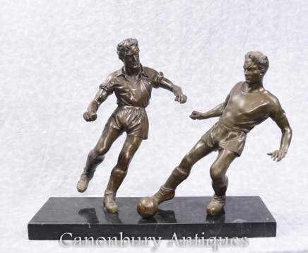 Pair English Bronze Football Players Soccer Art Sport