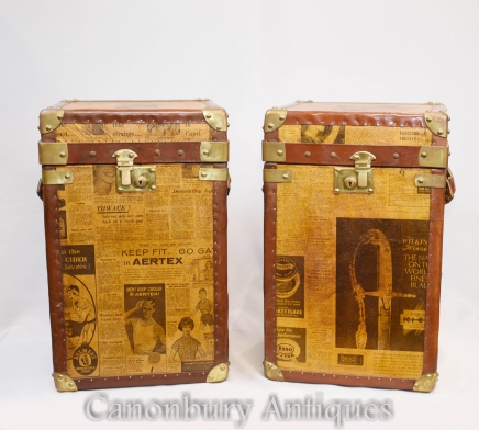 Pair English Newsprint Luggage Boxes Trunk Side Tables Coffee