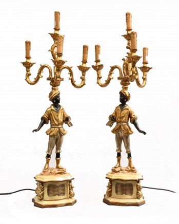 Pair Florentine Blackamoor Candelabras Italian Painted Lamps