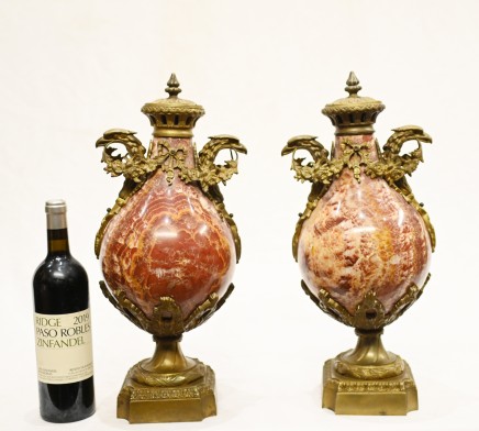 Pair French Antiques Cassolettes Urns Red Marble Empire 1880