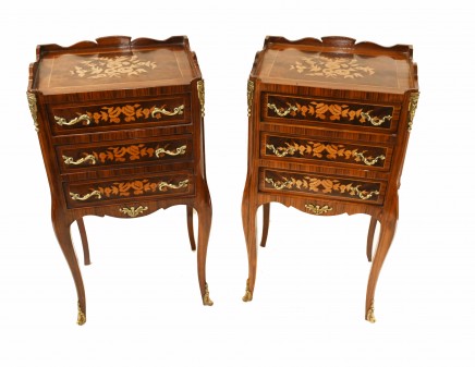 Pair French Bedside Cabinets Marquetry Inlay Louis XVI Nightstands