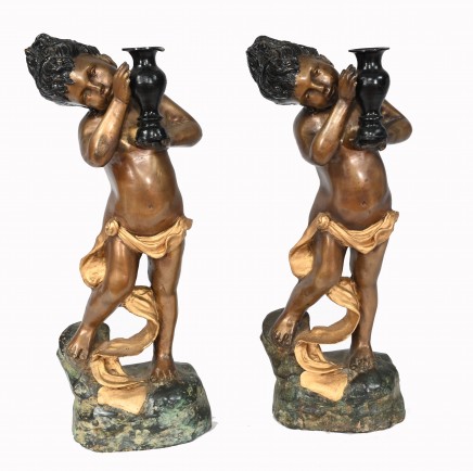 Pair French Bronze Cherub Statues Cherubim Putti