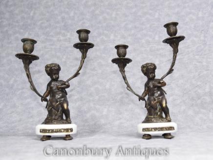Pair French Candelabras - Empire Bronze Cherub Candles