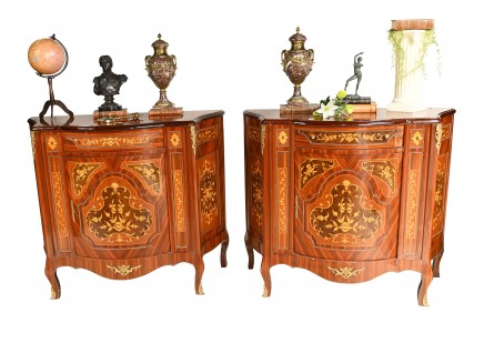 Pair French Empire Cabinets Chests Marquetry Inlay