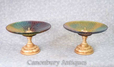 Pair French Empire Glass Ormolu Comports Dishes Bowl